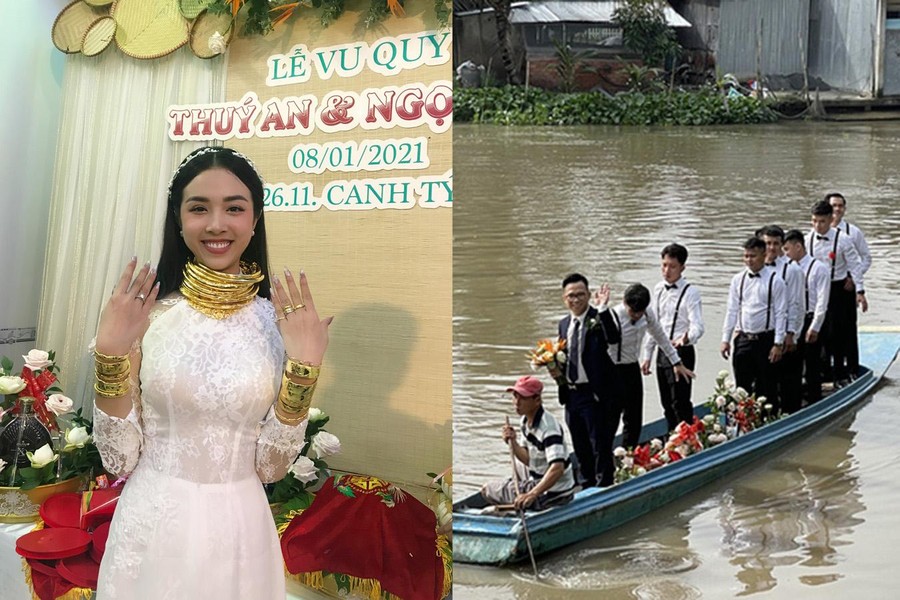 [ẢNH] Đám cưới miền Tây đặc biệt của Á hậu Thúy An: Nhà trai đi thuyền, cô dâu vàng đeo ‘trĩu cổ’, dàn phù dâu toàn Hoa hậu