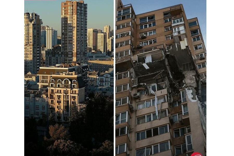 Hình ảnh tương phản về các công trình ở Ukraine trước và sau khi bị trúng bom