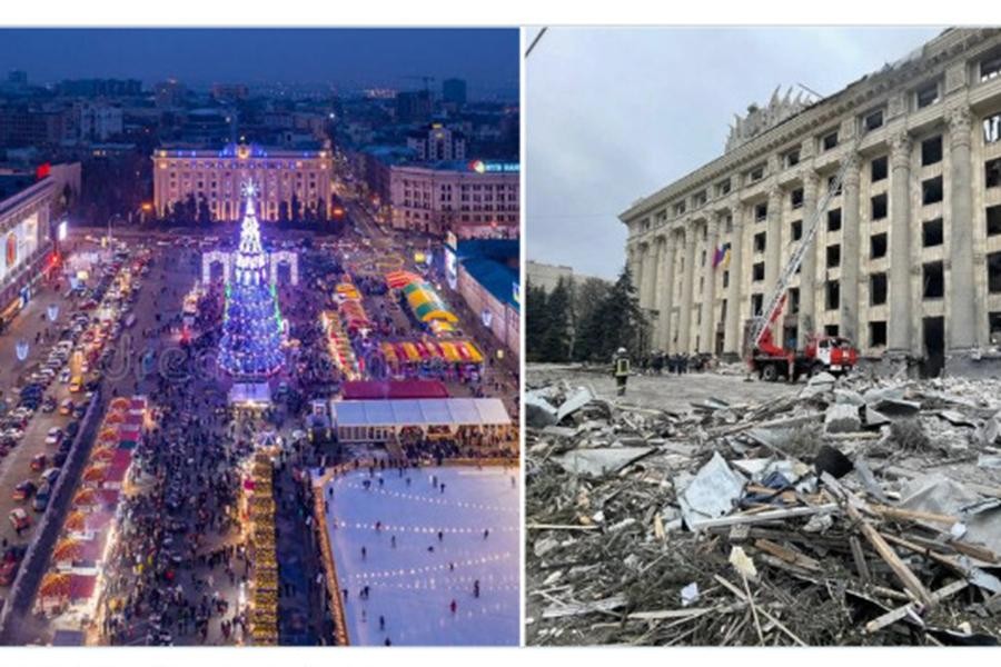 Hình ảnh tương phản về các công trình ở Ukraine trước và sau khi bị trúng bom