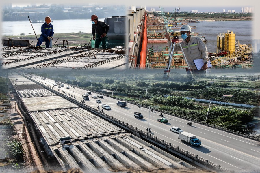 Từ trên cao xem đại công trường xây cầu hơn 2.500 tỷ đồng ngày giáp Tết ở Hà Nội