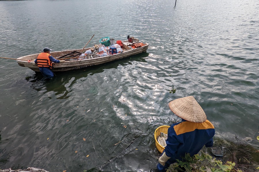 Công nhân thoát nước trực cả ngày vớt cá chết hàng loạt ở hồ Tây