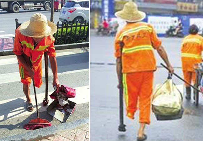 Ông lão cụt chân dọn rác trên phố gây xúc động ảnh 1